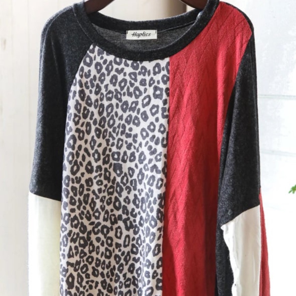 Haptics Colorblock Leopard Print Top - Red, Black, White